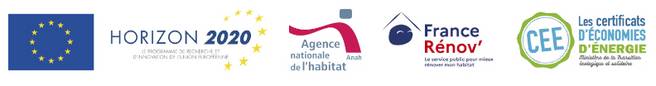 Logos des financeurs : l'Europe, de la Région Auvergne Rhône Alpes, France Renov' et des Certificats d'économie d'énergie